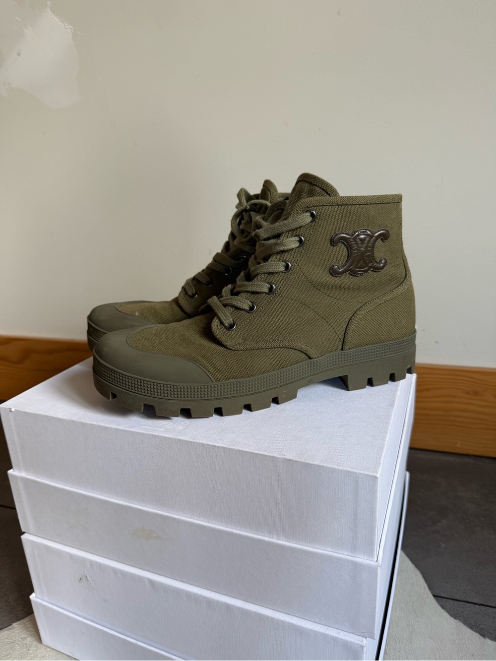 Celine Olive Green High-Top Canvas Boots